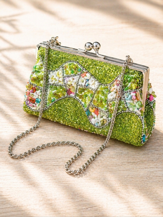 Handbags - Vintage Beaded Kiss Lock Clutch Bag Green Cottagecore Garden Party Crossbody